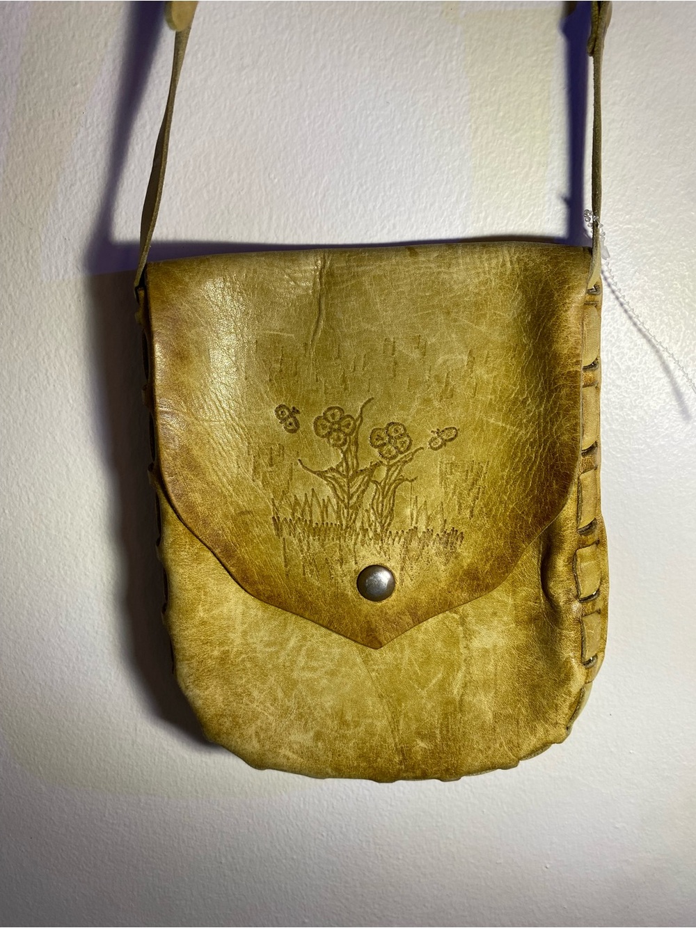Handcrafted Yellow Leather Crossbody Bag with Floral Embossing